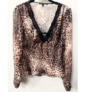 Vintage Y2K Babydoll Top Womens Leopard Mesh Size M Lace Tie Front Long Sleeve